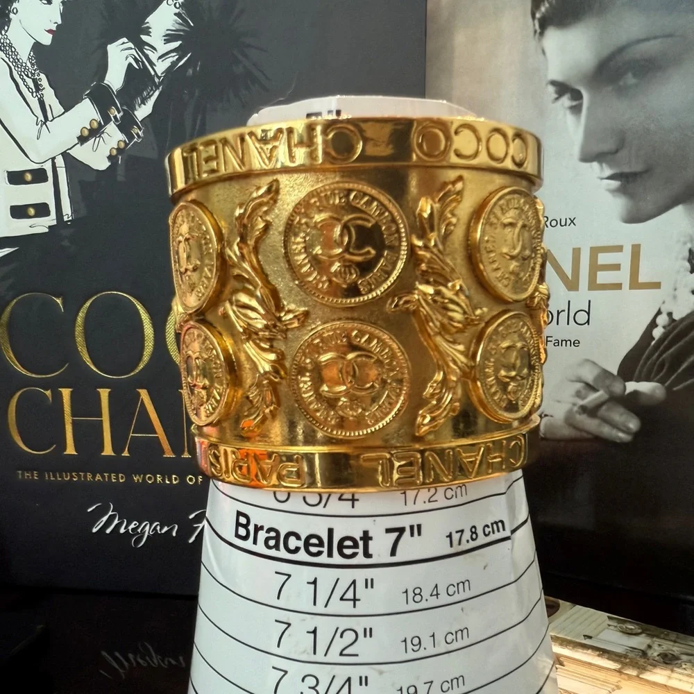 LOT 2230 24K gold plated CHANEL Gold Medallion Cuff Bracelet